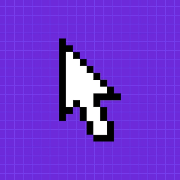 Pixel pointer of a computer mouse on a bright purple background Arrow icon illustration in 8bit