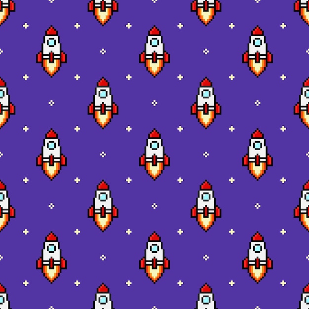 Pixel Rocket in Space with Stars Seamless Pattern vector illustration