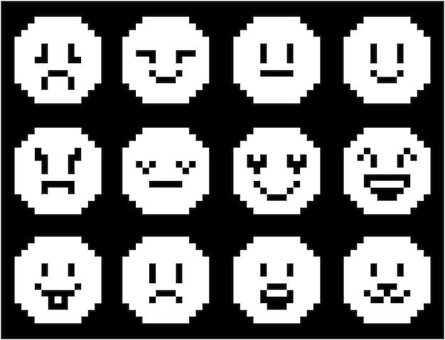 Pixel set with black and white emojis Pixel art cute emotional faces isolated on background