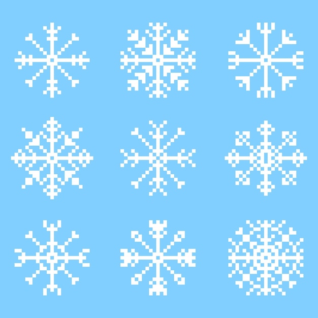 Pixel snowflakes set A set of pixel vector snowflakes Christmas New Year 8bit style illustration