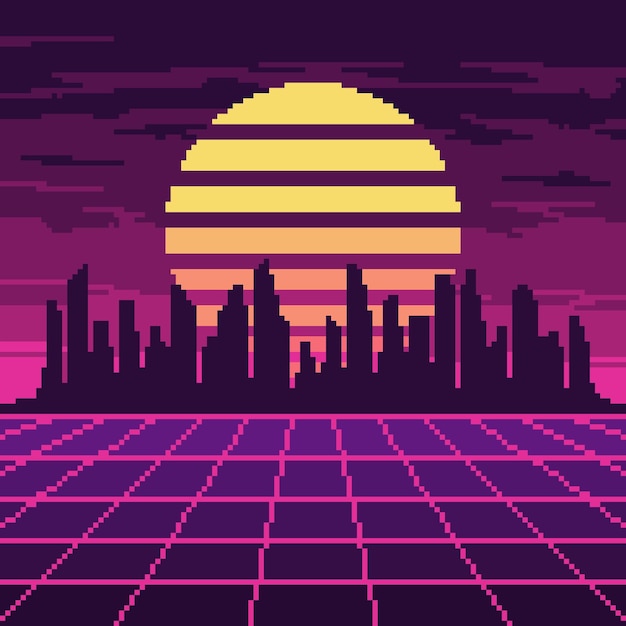 pixel synthwave purple mesh with city and sun background