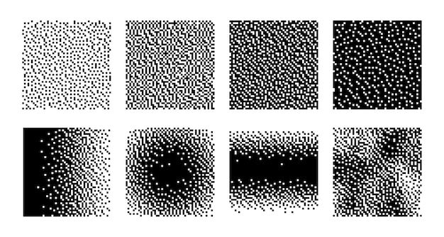 pixel textures seamless and gradient mosaic patterns black square particles random dots halftone geometric effect isolated vector monochrome background