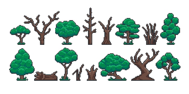 Pixel tree trunk Retro 8 bit video game sprite asset green trees old dry stump trunk and log game interface objects Vector isolated set