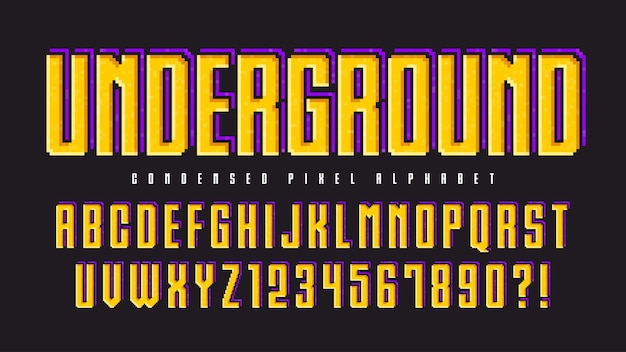 Pixel vector alphabet design stylized like in 8bit games High contrast and sharp retrofuturistic