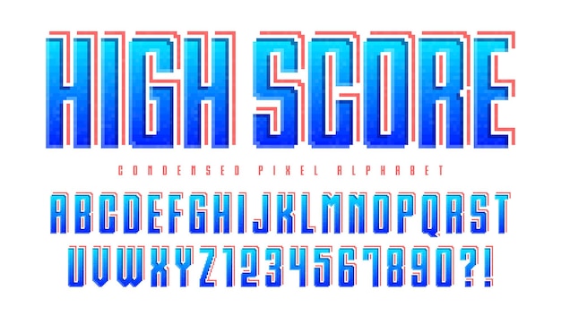 Pixel vector alphabet design stylized like in 8bit games High contrast and sharp retrofuturistic