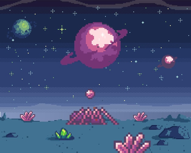 Pixelkonst kosmiskt område spellokal. Scen med fantastiska planeter i yttre rymden. Futuristiska rymdskepp under krig i rymden. Pixel retroprogram om rymdgränssnitt. Pixelated designvektor