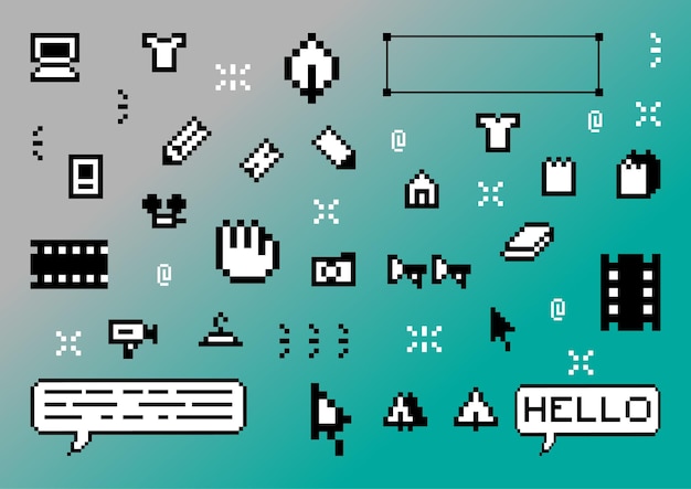 Pixels elements set sayd trendy stickers Mood of 90s aesthetics