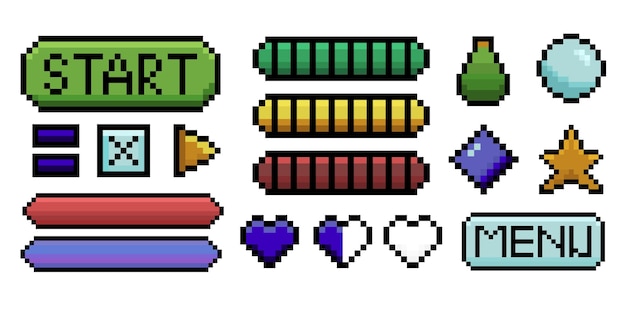 Pixelsæt af retro spilknapper og hjertesundhedssymboler