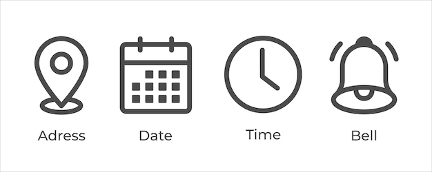 Place Time Date and Notification line icons Calendar address location pointer and alarm bell Notice alert business schedule and office time clock Location place date reminder Vector