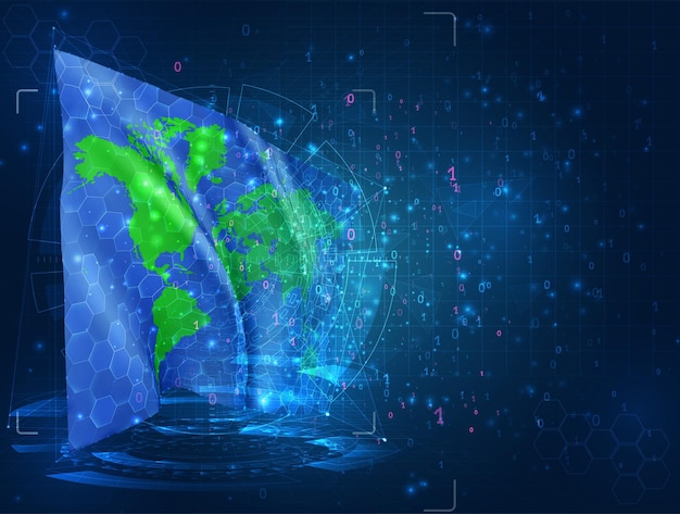 Planet Earth vector 3d flag on blue background with hud interfaces