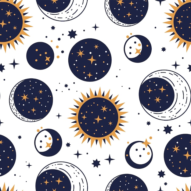 Planet star moon seamless vector pattern. Space galaxy night sky celestial doodle illustration