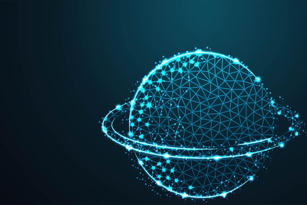 planet with ring wireframe line concept with crumbled edge on blue night sky with dots stars and looks like constellation illustration
