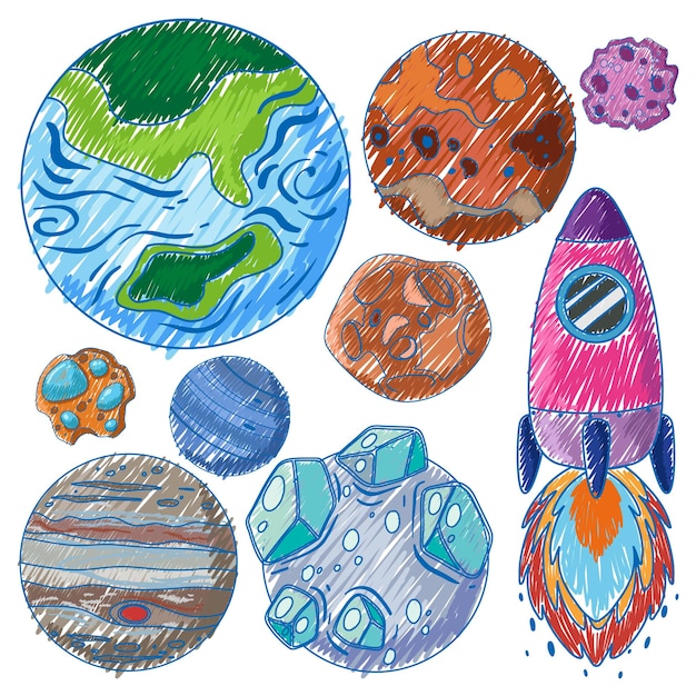 Planets in Pencil Colour Sketch Simple Style