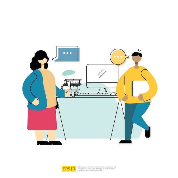 planning and communication discussion team worker concept. talk and negotiation business with people character. flat style vector illustration