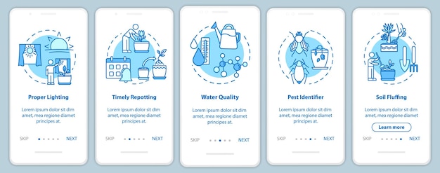 Plants concern onboarding mobile app page screen with concepts. Light mode. Herbal cultivation walkthrough five steps graphic instructions. UI vector template with RGB color illustrations