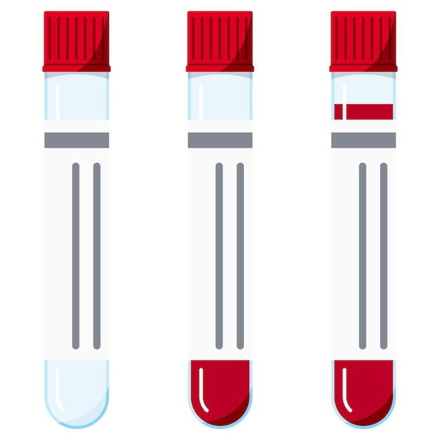 plastic blood test tubes with cap icon set with and without red liquid samples, sticker isolated on white background. flat design cartoon style medical laboratory equipment vector sign illustration.