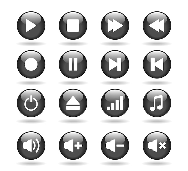 Player navigation glossy button icons Play stoprecord volumemute eject power Vector illustrat