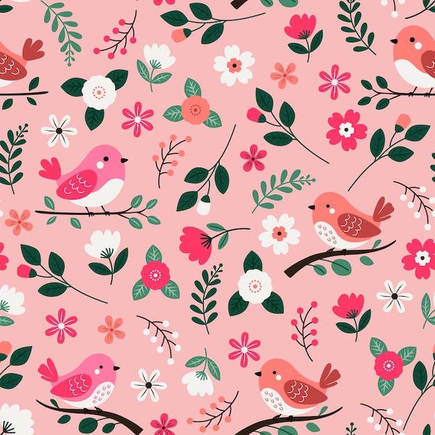 Playful seamless pattern with minimal colorful birds and botanical elements