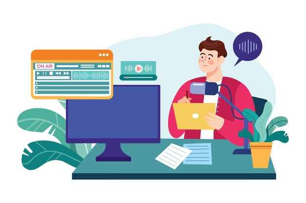 Podcast creator working on editing Illustration concept Flat illustration isolated on white background