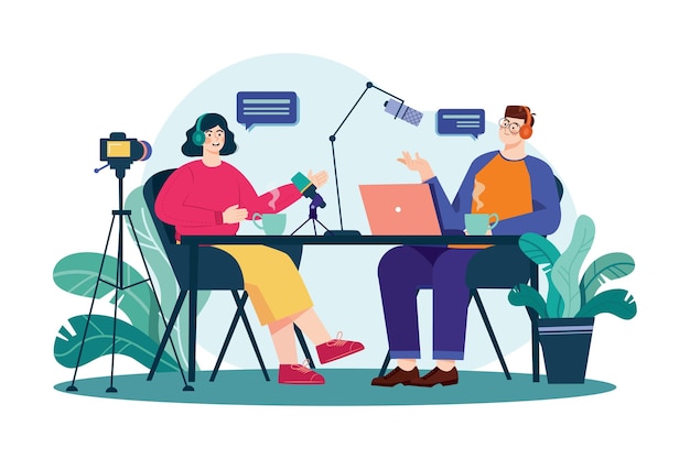 Podcast interview Illustration concept Flat illustration isolated on white background