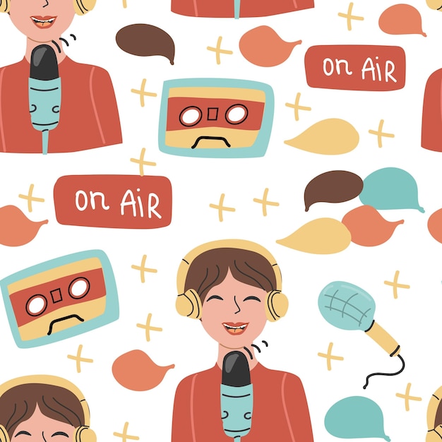 Podcast seamless pattern background with audio elements isolated
