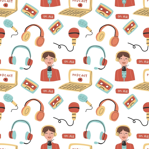 Podcast seamless pattern background with audio video elements isolated
