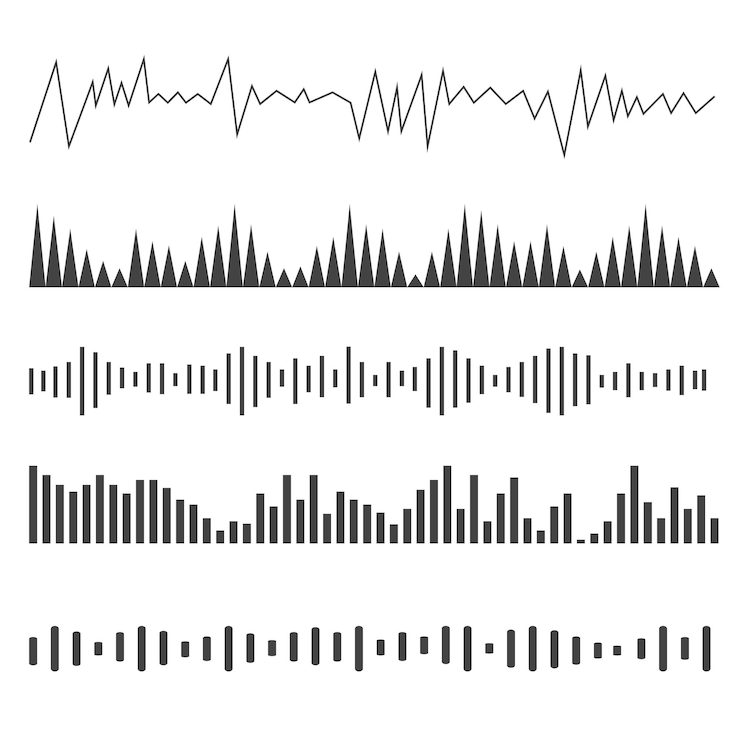 Vektör podcast ses dalgaları seti müzik çalar için dalga biçimi deseni siyah sesin farklı tasarımlarla podcast ses seçimi