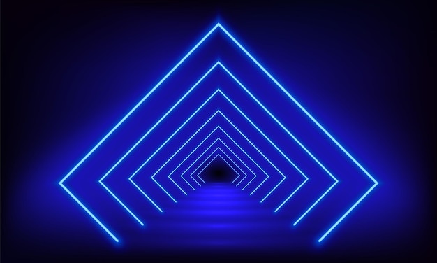 Podium road pedestal platform in form rhombus with neon luminous rays on blue background Abstract 3D