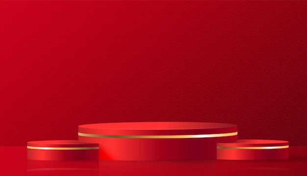 podium round stage chinese style, for chinese new year and festivals or mid autumn festival with red paper cut art and craft on color backgroung with asian elements