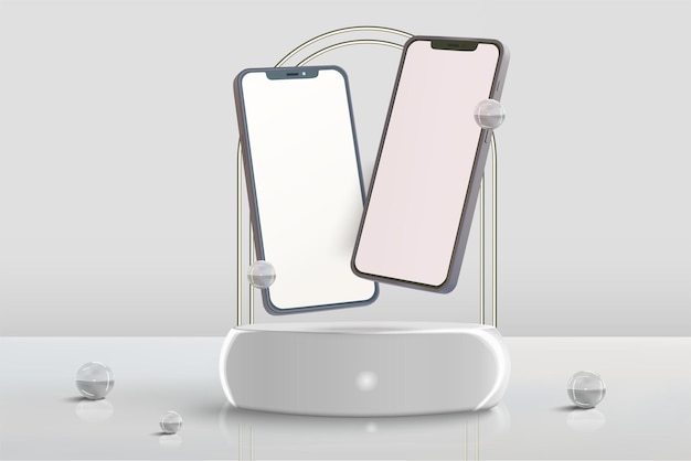 podium stand scene with smartphones white color realistic glass balls