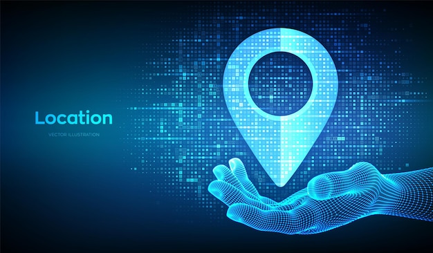 Point of location icon made with binary code in wireframe hand Pointer of map Gps pointer Navigation pin point global position system symbol Digital background with digits 10 Vector Illustration