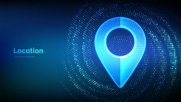 Point of location sign made with binary code Pointer of map Gps pointer Navigation pin point global position system Virtual tunnel warp made with digital code Data Flow Vector Illustration