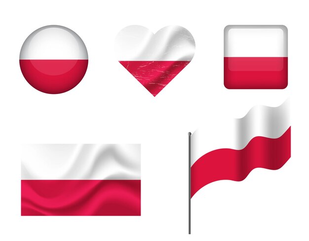 Poland flag set of icons Vector flag of Poland symbol Set of Polish flags button waved heart