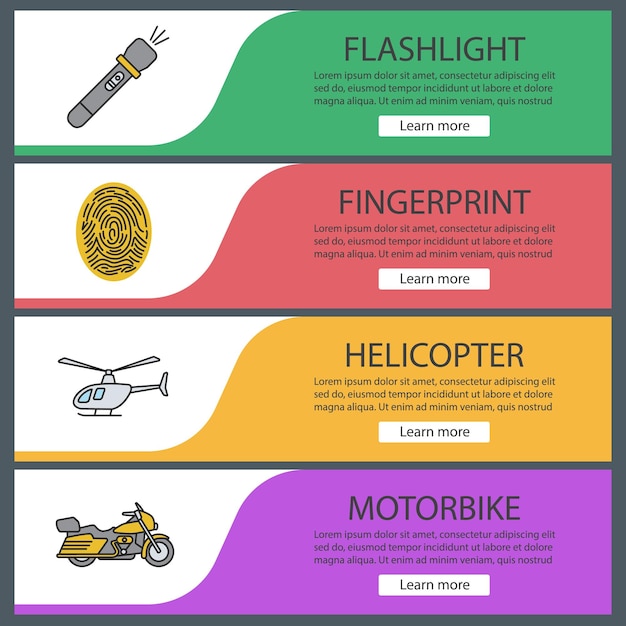 police web banner templates set. flashlight, fingerprint, helicopter, motorbike. website color menu items. vector headers design concepts