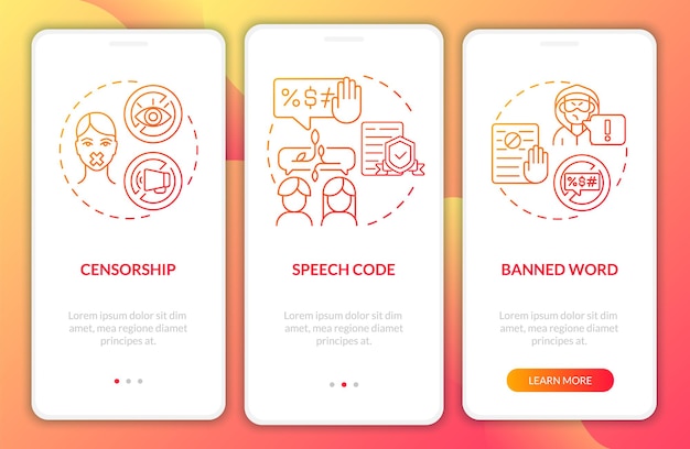 Policies on hate speech onboarding mobile app page screen. Banned word walkthrough 3 steps graphic instructions with concepts. UI, UX, GUI vector template with linear color illustrations
