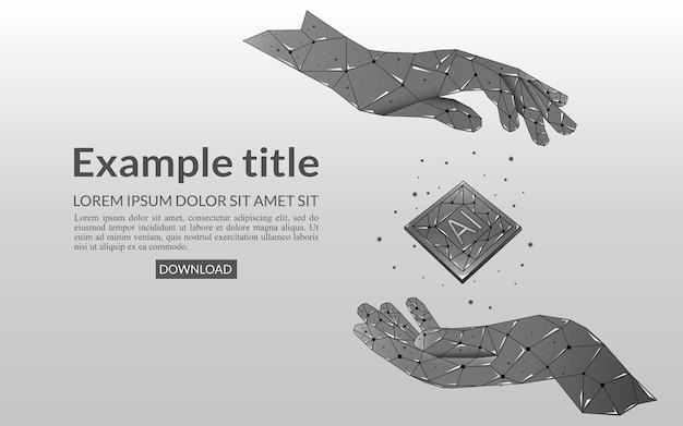 Polygonal style AI chip between human palms Artificial intelligence technology background Semicond