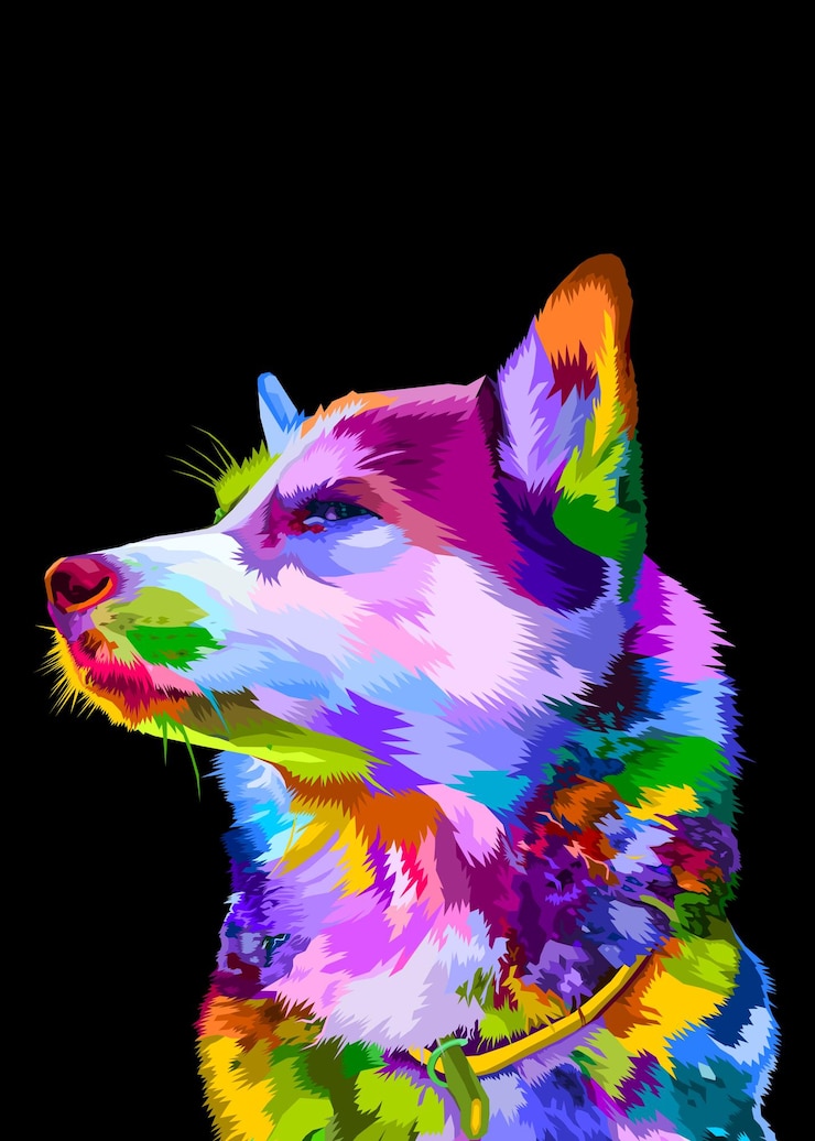 Vektör pop art tarzı geometrik çokgen hayvanlar üzerinde renkli husky köpek