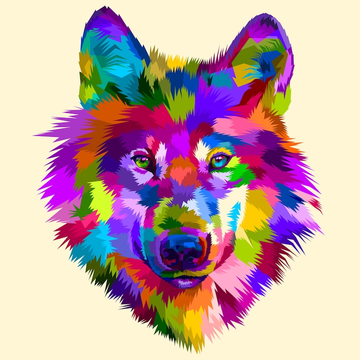 Vektör pop art tarzında renkli kurt kafası ikonu