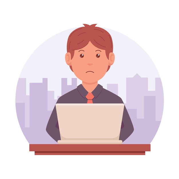portrait of a man hosting an event using a laptop against a city background