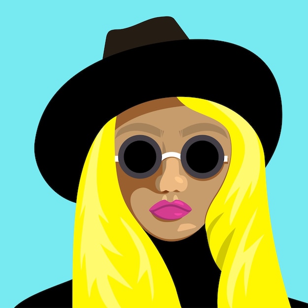 portrait of young blonde girl in glasses and hat. vector flat illustration.