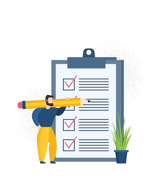 Positiv forretningsmand med en kæmpe blyant på skulderen i nærheden af markeret tjekliste på et clipboard papir Illustration flad design stil