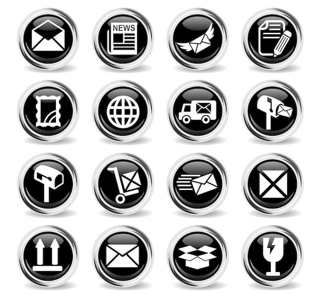 Post service icons on round black buttons with metal ring