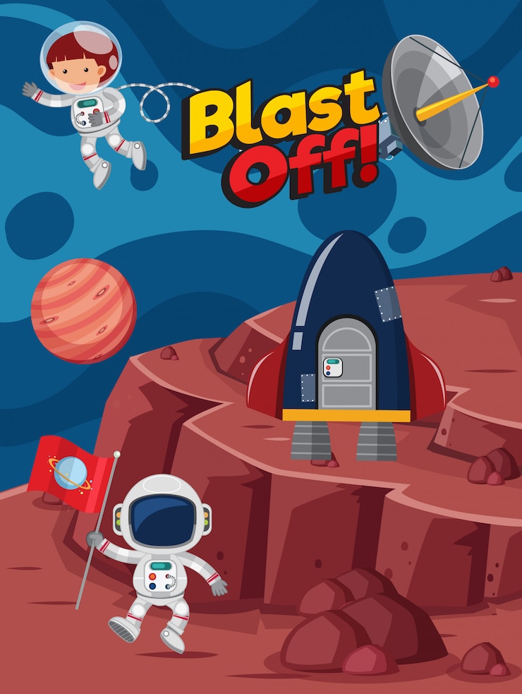Vektör poster design with astronauts flying in the space