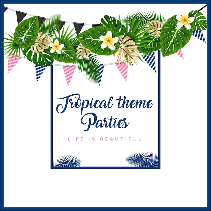 Vektör poster or invitation card with tropical themed garland with palm leaves flowers flags