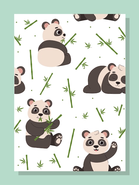 poster with cute pandas concept seamless pattern with animal with plant adorable character sits and lies with bamboo cartoon flat vector illustration isolated on green background