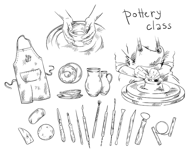 pottery class. tools and instruments for pottery making, potter's wheel