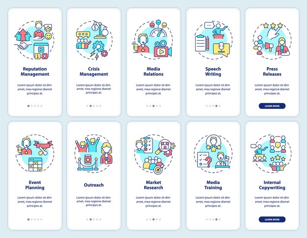 PR services onboarding mobile app screen set