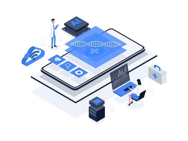 Predictive analytics in healthcare utilizing data and statistical algorithms to forecast patient outcomes Artificial intelligence in healthcare isometric illustration