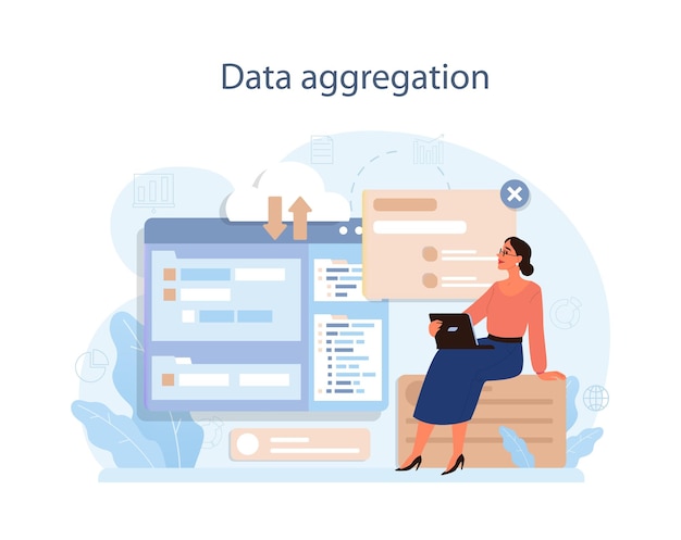 Predictive analytics Process of using and processing data to forecast future outcome Business ideas or decisions development Character aggregating data for research Flat vector illustration