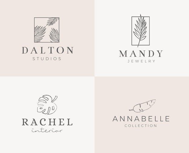 Premade logo design with minimalistic floral wreath. Feminine logotype template in elegant artistic style 